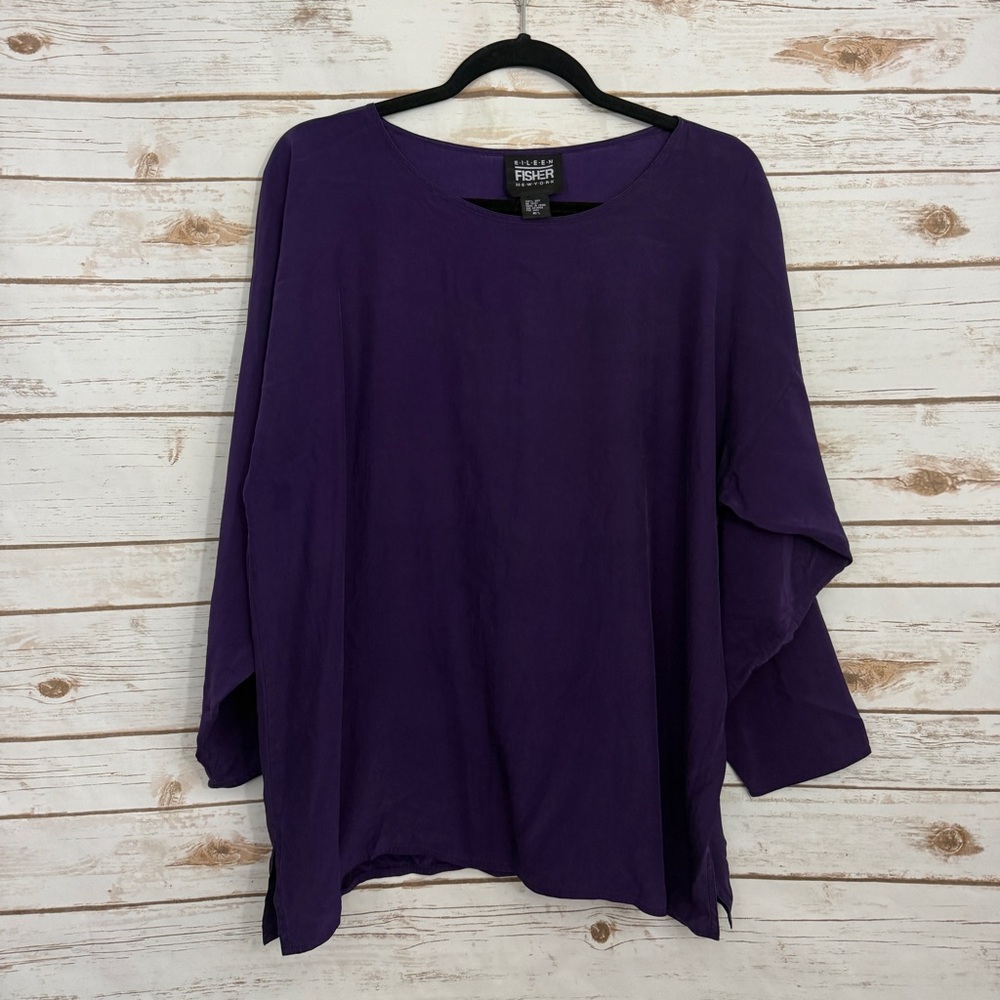 Eileen Fisher Purple Lagenlook 100% Silk Oversized Blouse M/L